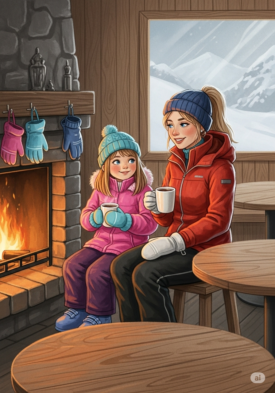 Illustrazione del capitolo 10: Lea beve la cioccolata calda in un rifugio di montagna